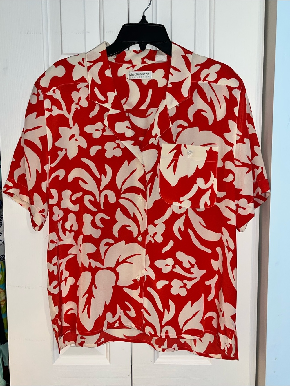 Liz Claiborne Silk Red & Cream Short-Sleeve Camp Shirt